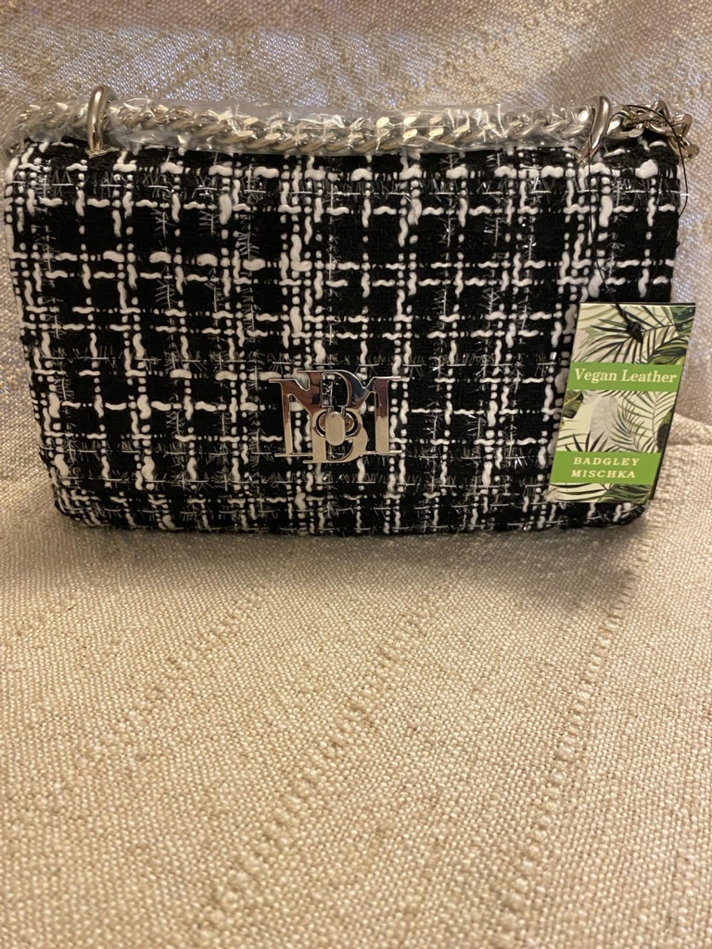 Badgley Mischka Black & White Tweed Chain Shoulder Bag with Silver Hardware